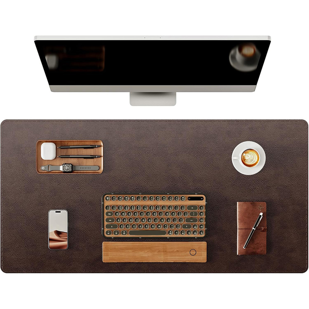 Genuine Leather Desk Mat, Thick Premium Table Pad with Stitched Line, Non-Slip Laptop Writing Pad with Rubber Base (Dark Brown, 35.4"x17")